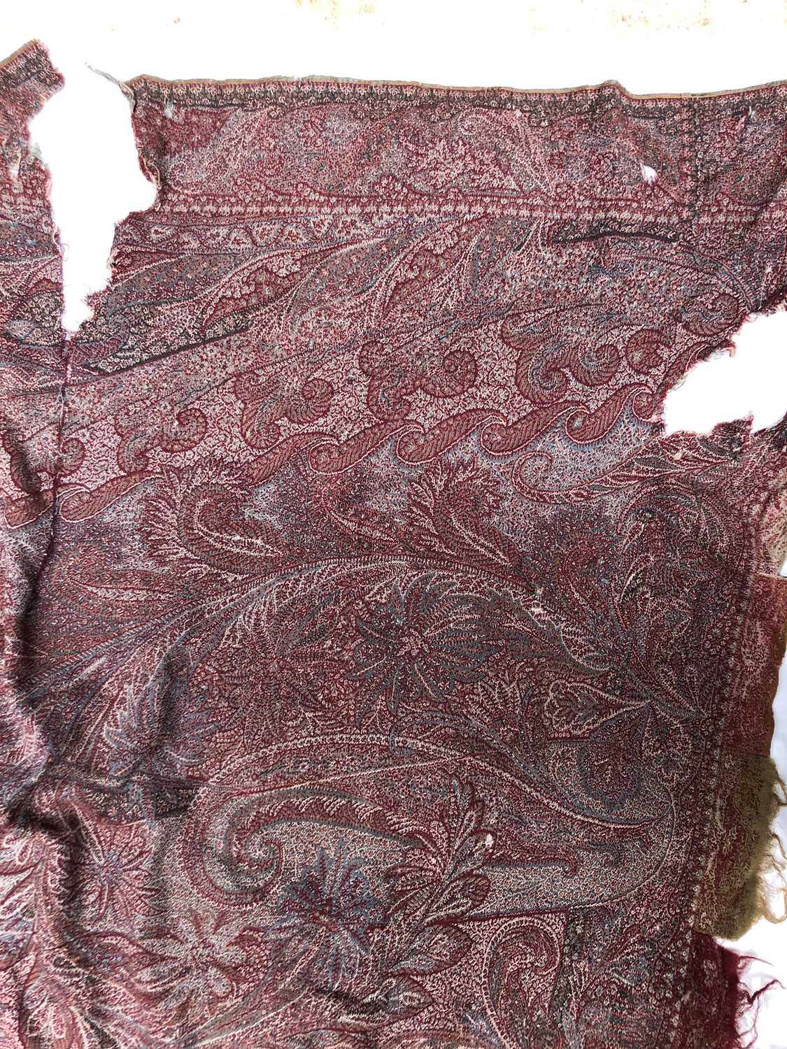 A large woven paisley shawl, 255 x 164cm.Condition report: Tears and holes of various sizes - Image 5 of 7