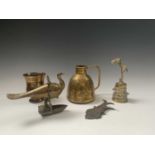 A Persian brass hanging oil lamp, width 17.5cm, a Cairoware brass jug, height 14cm and three