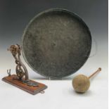 An Edwardian brass gong, with ornate wrought iron, copper and oak wall mount, diameter 43cm, with