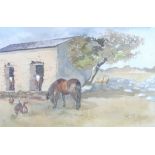 R.F.KEY (20th Century British School) Farmyard Scene with Horse, Hens and CalvesWatercolourSigned 25