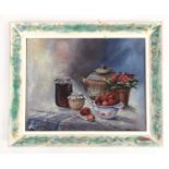 Anthea LIBBY Still Life - Teapot, Jams, Strawberries Framed. 51cm x 39cm