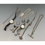 Two silver ladies trench type wristwatches, a silver watch chain and other silver etc.