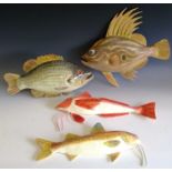 Four Sue Baker hand painted papier-mâché fish wall decorations - Red Mullet, John Dory, Rock Bass