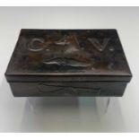 Hunting Interest: A Newlyn copper cigarette box, the cover embossed with a fox mask and brush