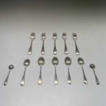 A set of five Elkington Rat-tail pattern dessert forks, a pair of salt spoons and five other spoons,