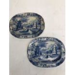 A pair of 19th century pearlware blue and white meat plates, each printed with a Chinese