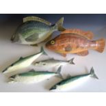 Six Sue Baker hand painted papier-mâché fish wall decorations - Black Sea Bream, Ballan Wrassse, a