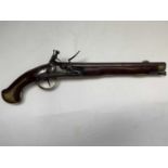 A 19th century French Flintlock pistol, 13" (33cm) sighted steel barrel, steel ramrod, brass trigger