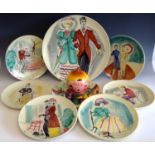 A set of mid century Italian plates decorated with fashionable figures comprising one large plate,