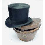 Leather top hat box and top hat, Extra Quality by Appointment (Prince of Wales insignia) Lincoln