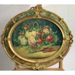 Still life with roses in an oval ornate gilt picture frame with marbled glass panels, dimensions