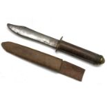A European knife and sheath, possibly for training, with plain cylindrial leather and brass hilt and