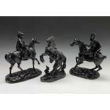 A black painted spelter model of a Marly horse, height 30cm, together with two other spelter figures