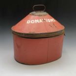 A Victorian tin hat box, converted into a donations box, painted red and inscribed 'Donations'.