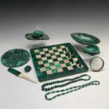 A malachite and white hardstone chess board, 27cm x 27cm, together with malachite solitaire board