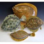 Four Sue Baker hand painted papier-mâché fish wall decorations - Turbot, Plaice, Flounder and Brill.