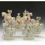 Six Victorian Staffordshire equestrian figures. All approx. 29.5cm high.