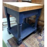 A butcher's block style kitchen peninsular, with pine top, the blue-painted underframe with a single