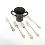 An American twin handled Sterling vase and a set of six Sterling Gorham pastry forks 7.9oz