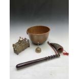 A late 19th century circular copper bowl, with hanging loop, diameter 27cm, a turned hardwood