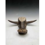 An Asian carved wood mask in the form of a horned cow, with painted and stud decoration. Height