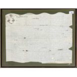 An indenture on vellum, 1650, framed.