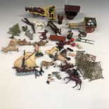 Lead: A quantity of lead farm animals and accessories including horse drawn vehicles -some repainted