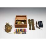 WWI & II miniature medal group of 6 together with quantity of naval buttons and a buckle, a brass