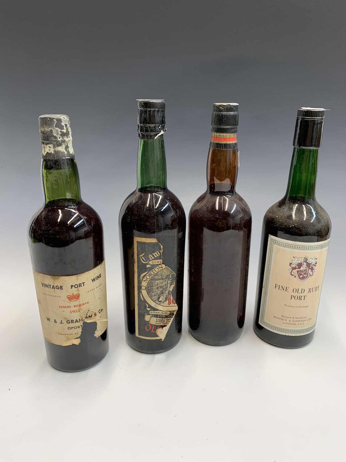 A bottle of Graham & Co 1955 finest reserve port, together with three other assorted bottles of port