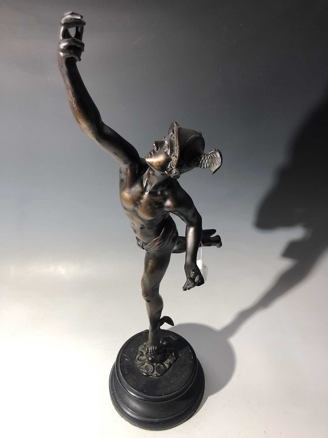 An early 20th century bronze figure of Mercury supported by a zephyr, after Gimbologna, on - Image 6 of 12