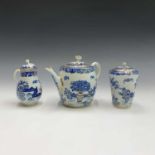 A late 18th century Worcester porcelain 'Bat' pattern teapot, tea caddy and cover, and lidded jug,