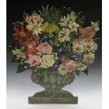A mid 20th century dummy board shaped and painted as an urn of flowers, height 78cm, together with