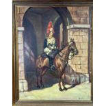 An equestrian oil of a Trooper of the Royal Horse Guard, oil on canvas indistinctly signed 49 x 38cm