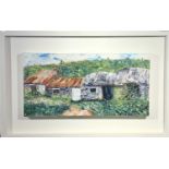 Judith VINCENT Huts at Prussia Cove Oil on canvas Signed 30 x 60