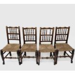 A set of four Lancashire rush seated spindle back dining chairs, 19th century, height 93cm width