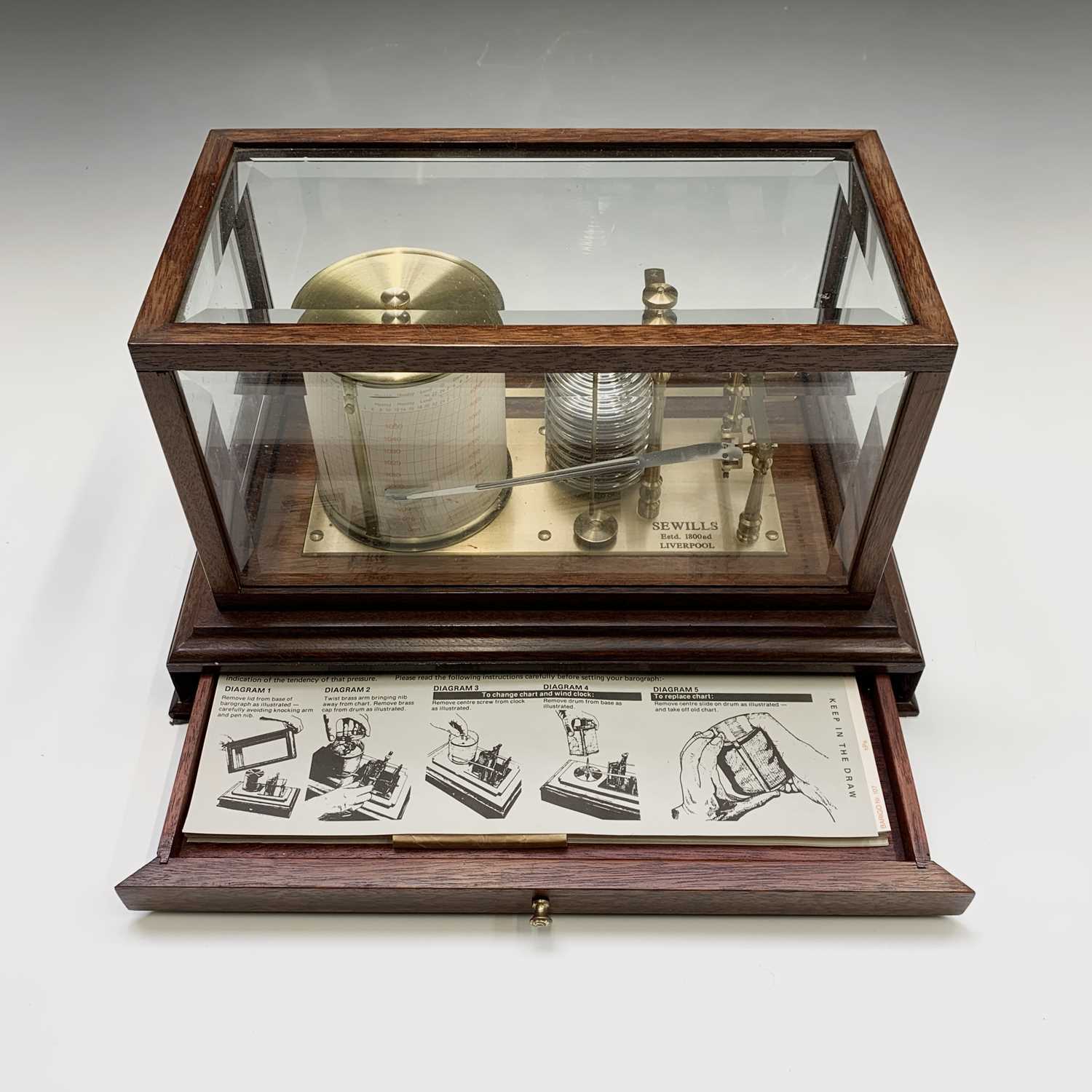 A mahogany barograph by Sewills, Liverpool, second half 20th century, bevel glass panels and - Image 2 of 5