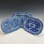 A Herculaneum blue and white pearlware platter, printed with Oriental scenes, width 36cm, together