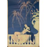 Monochrome etching of a town scene, calendar with etching, a 1920s art deco Erte style art poster.(