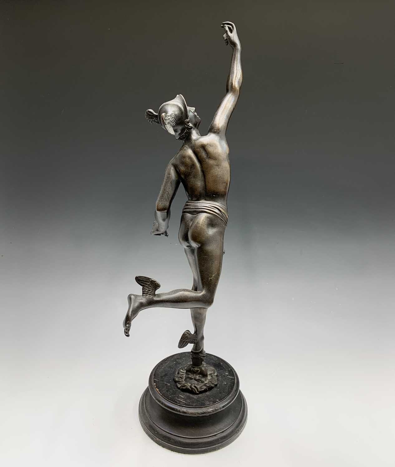 An early 20th century bronze figure of Mercury supported by a zephyr, after Gimbologna, on - Image 3 of 12