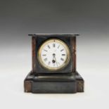 A Victorian black slate and marble mantel timepiece, with circular white enamel dial with Roman