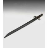A 19th century German bayonet and scabbard, the yataghan blade stamped GF, the hooked quillon