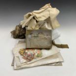 A fashion plate 'Fichu of White Muslin', embroidered fabric remnants, assorted paper scraps, and