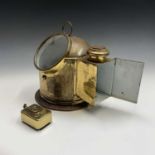A Sestrel brass binnacle, with 10cm liquid filled compass on gimbal mount and lamp box and burner to