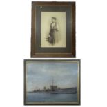 A painting of the warship HMS Seafire 38 x 48cm, together with an Edwardian photograph of a lady