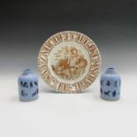A pair of Victorian pottery flasks, the blue ground printed with humorous silhouette type images,
