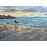 20th/21st Century British SchoolHorse and rider cantering along a beachOil on canvasIndistinctly