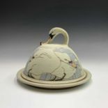 An art pottery cheese dome, with incised swan decoration, the lift in the form of a swan's neck