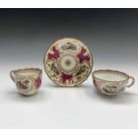 A Minton porcelain trio, painted with bucolic panels within claret and gilt borders, pattern 702,