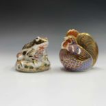 Two Royal Crown Derby paperweights - 'Old Imari Frog' and a cockerel. Tallest 9.5cm high.