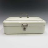 A 1930s continental enamel storage container with swing handle. Length 48cm.